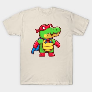 Cute Crocodile Super Hero With Cloak Cartoon T-Shirt